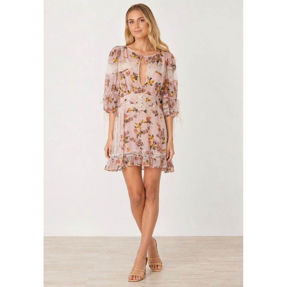 For Love & Lemons Romantic Cottagecore Mini Dress Lace Trim Pink Silk Small